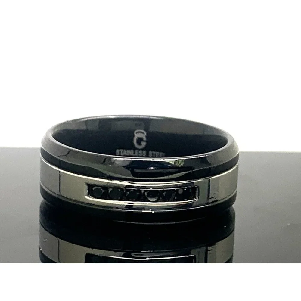 Men's Wedding Band Stainless Steel Black Gemstones 8.8mm Wide Ring Size 11.5